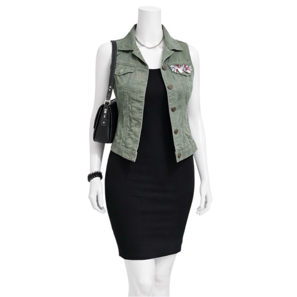 Dolled Up Army Fatigue Green Rhinestone Pocketed Vest - Picture 4 of 15